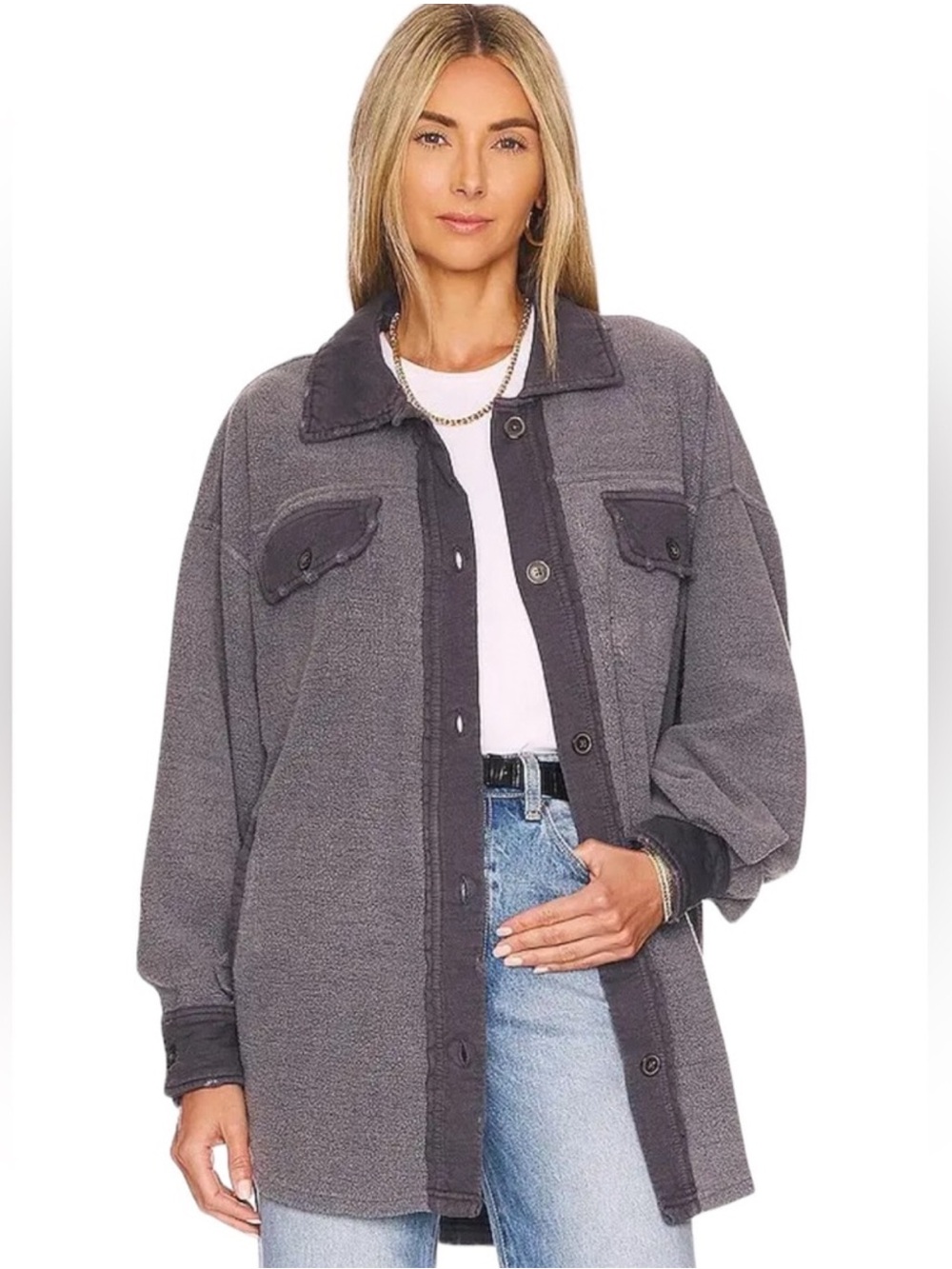 Free People Ruby Jacket in Incense Gray Oversized Slouchy Shacket Distressed